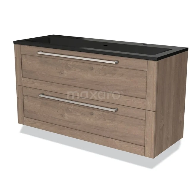 Houten badkamermeubel met twee lades, zwarte wastafelblad, modern design; ideaal voor stijlvolle badkameropslag.