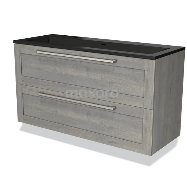 Grijze houtlook badkamermeubel met zwarte wastafel, twee brede lades en metalen handgrepen, ideaal voor moderne badkamers.