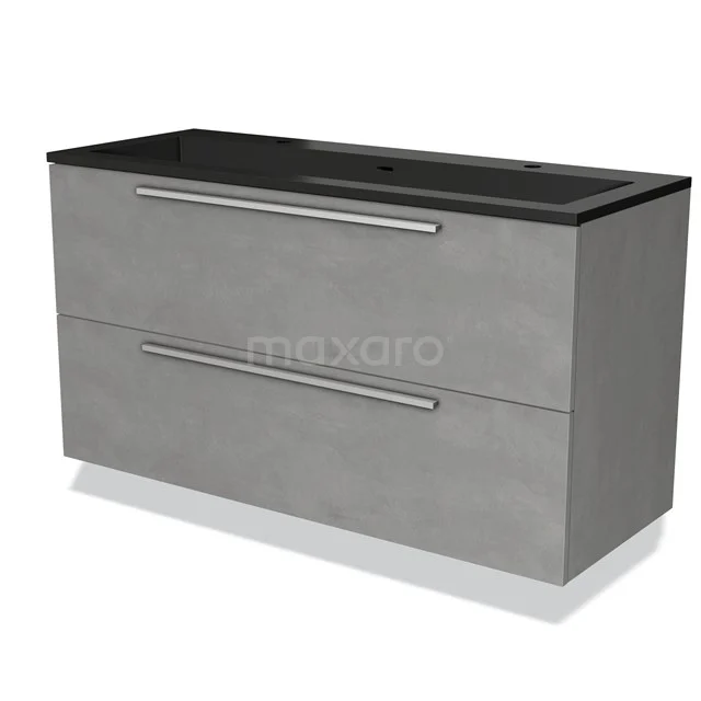 Grey bathroom furniture set with two wide drawers, matte black basin worktop and modern handles.