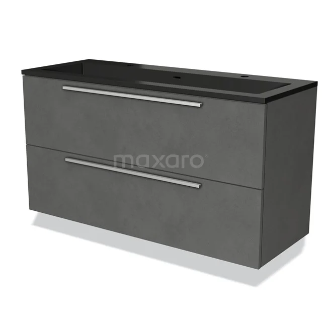 Grijze badkamermeubelset met dubbel ladeontwerp, zwarte wastafel en strak metalen handgrepen, ideaal voor moderne badkamers.