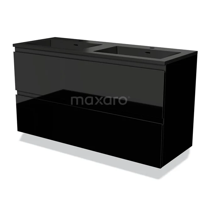 Schwarzes Doppelwaschbeckenmöbel, Hochglanzoberfläche, modernes Design, ideal für ein stilvolles und funktionales Badezimmer.