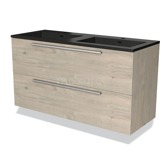 Wooden bathroom unit with double sink, black top, drawer handle design, ideal for modern bathroom design.