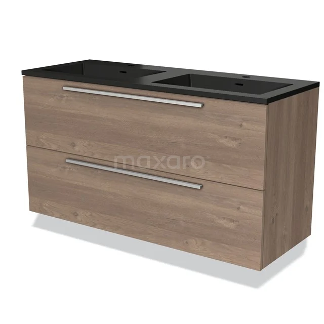 Wooden bathroom unit with two-compartment black basin, two drawers and sleek metal handles, ideal for modern bathrooms.