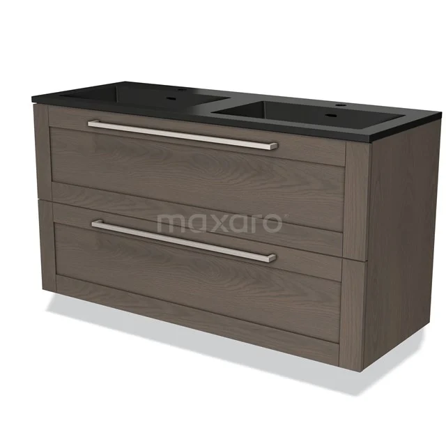 Wooden bathroom cabinet with dark grey double basin, two wide drawers and modern metal handles.