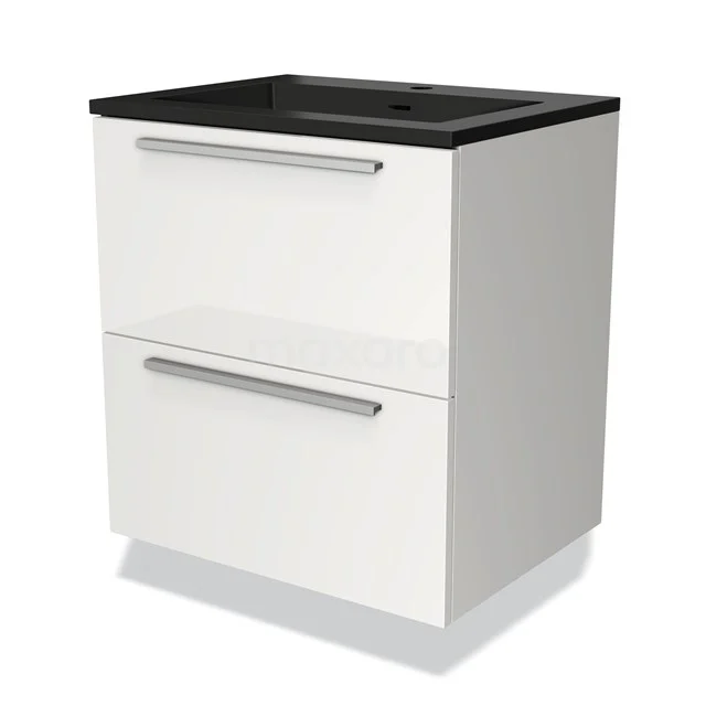 Wit badkamermeubel met twee lades, zwart wastafelblad en strakke handgrepen, ideaal als compacte opberger in moderne badkamers.