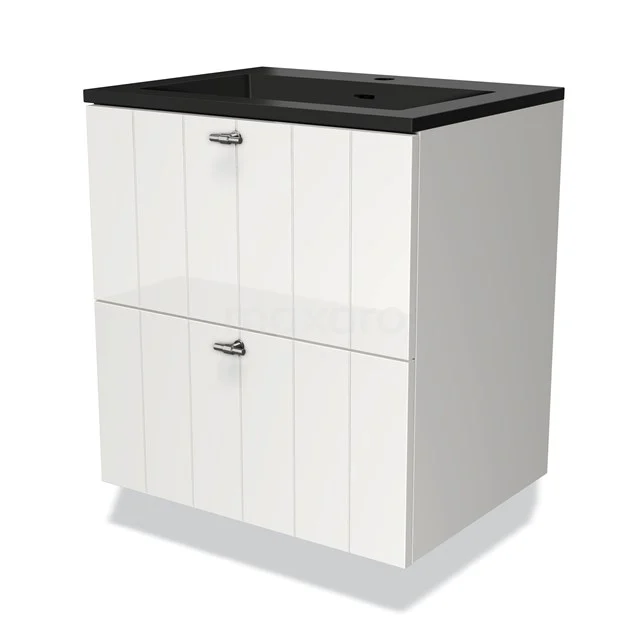 Wit badkamermeubel met zwart wastafelblad, 2 lades en verticale ribbelstructuur, ideaal voor moderne badkamerinrichting.