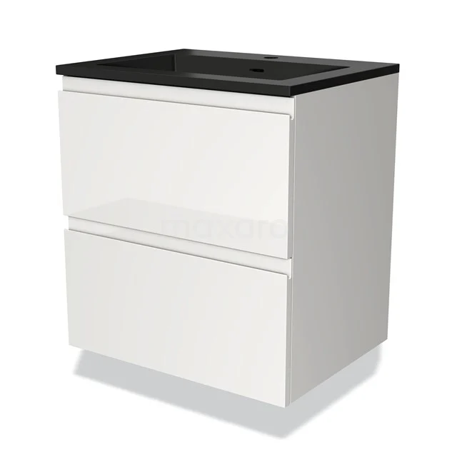 Wit badmeubel met twee laden en zwarte wastafel, moderne afwerking, ideaal voor een strakke badkamerstijl.