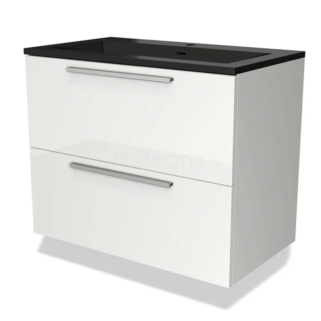 Wit badkamermeubel met twee lades, zwarte wastafelblad, modern design en metalen grepen, ideaal voor een stijlvolle badkamer.
