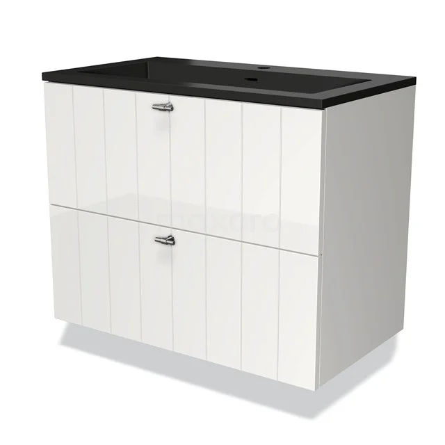 Badmöbel 80cm Modulo Hochglanz Weiß 2 Schubladen Lamellenwaschbecken Quarz BMW17-03862 Weißes Badezimmermöbel mit schwarzer Waschtischplatte, zwei Schubladen, moderne Verarbeitung und vertikalen Linien für ein stilvolles Badezimmer.