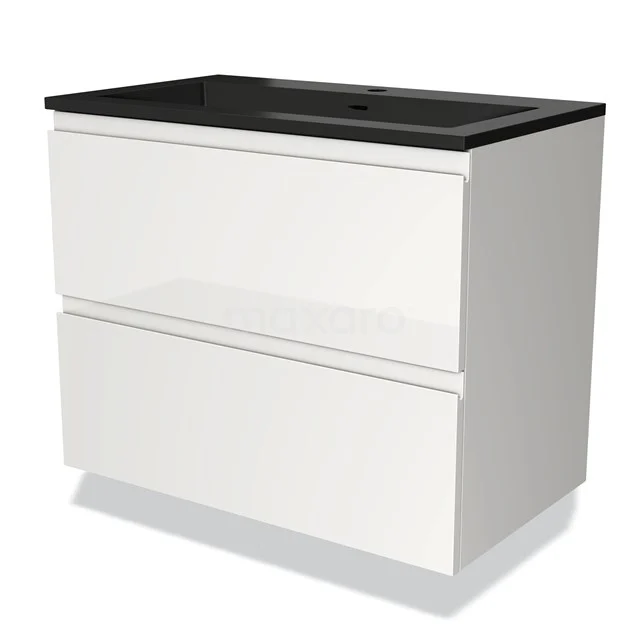 Witte badkamermeubel met twee lades, zwart wastafelblad, modern design en hoogglans afwerking, ideaal voor stijlvolle badkamers.