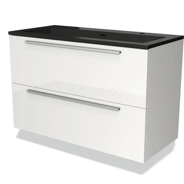 White bathroom unit with black basin worktop, double-leaf storage space and modern handles for stylish bathroom design.