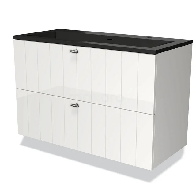 Wit badmeubel met twee lades, zwarte wastafelblad, moderne look, ideaal voor een stijlvolle en georganiseerde badkamer inrichting.