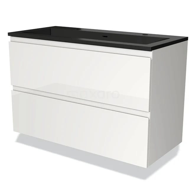 White vanity set with two drawers, Black basin worktop, modern design, ideal for stylish bathroom storage.