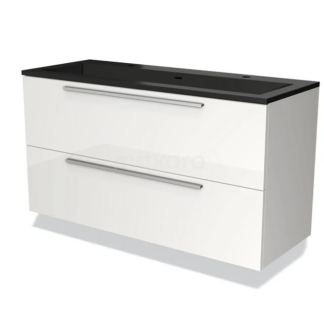 Wit badkamermeubel met twee lades, zwart wastafelblad, moderne chroomgrepen, ideaal voor stijlvolle opbergruimte in de badkamer.