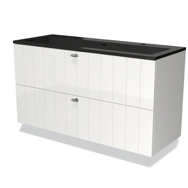 Wit badkamermeubel met zwarte wastafel, minimalistisch ontwerp, twee lades met metalen grepen en hoogglans afwerking.