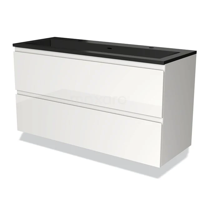 White hanging bathroom cabinet with two drawers, black stone basin worktop, modern design, ideal for bathroom storage.