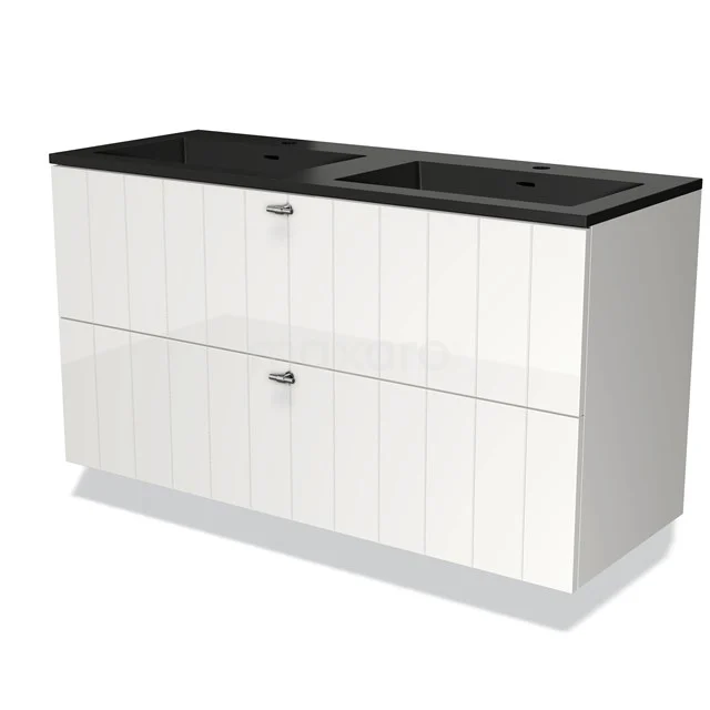 Witte badkamermeubel met dubbele zwarte wastafel, glanzende panelen en twee ruime lades, ideaal voor moderne badkamerstijl.
