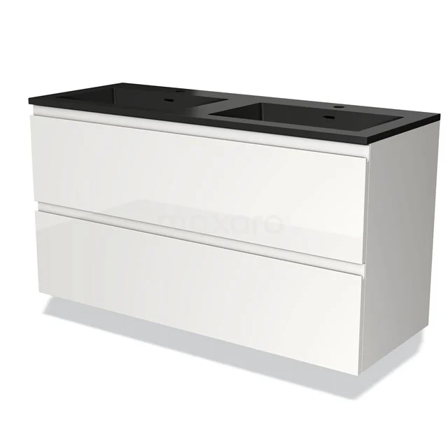 Badmöbel 120cm Modulo Hochglanz Weiß 2 Schubladen Griffloses Waschbecken Quarz BMW17-03872 Moderne weiße Badmöbel mit zwei Schubladen und Schwarz Waschtischplatte, schlichtes Design und geräumigem Stauraum für ein organisiertes Badezimmer.