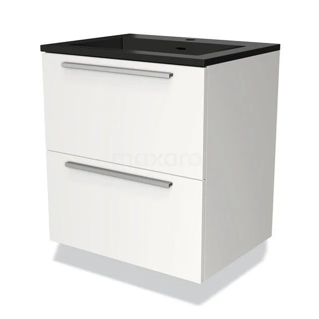 Witte badkamerkast met twee lades, zwarte wastafelblad, modern design en chroomgrepen, ideaal voor badkameropslag.