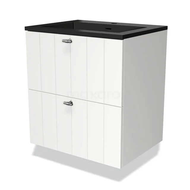 White bathroom unit with black basin worktop, two drawers and vertical panel details, ideal for a modern bathroom.