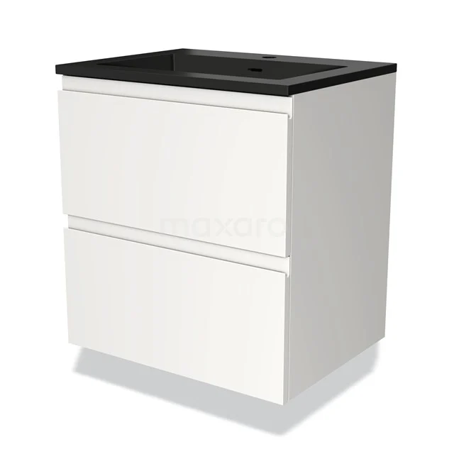 Weißes Badezimmermöbel mit zwei Schubladen und Waschbecken in Schwarz, modernes Design aus hochwertigem Material, ideal für schlichte Bäder.