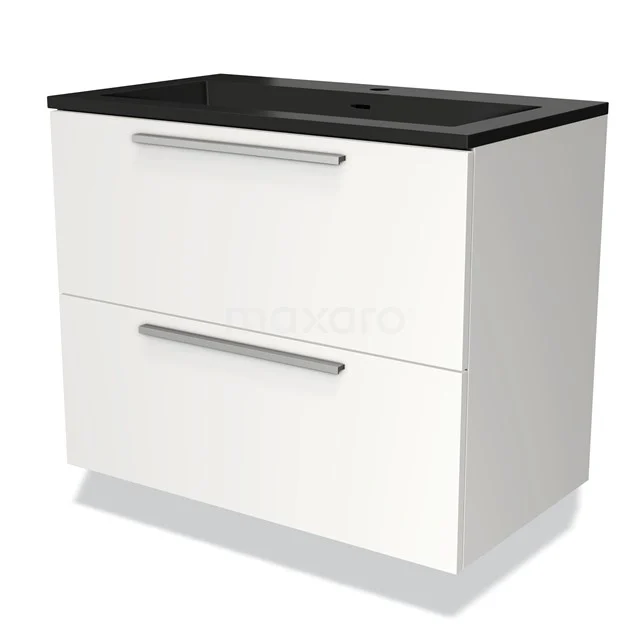 Witte badkamerkast met twee lades, zwarte wastafelblad, strak modern design, ideaal voor stijlvolle badkameropslag.