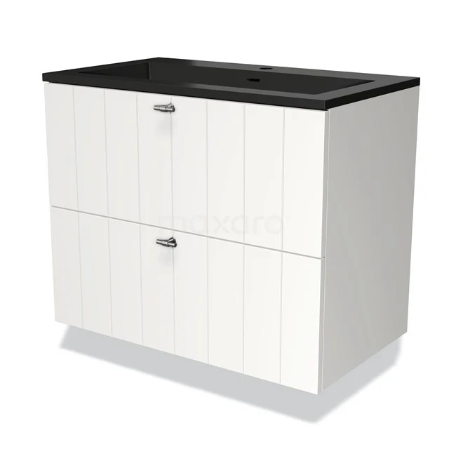 Weißes Badmöbel mit schwarzem Waschbecken, straffes Rippmuster und zwei Schubladen; perfekt für eine moderne Badezimmer Einrichtung.