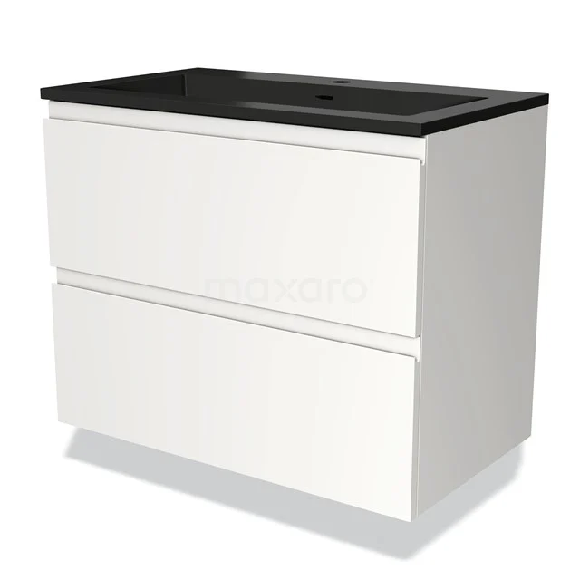 White bathroom unit with two drawers, black basin worktop, sleek design, ideal for modern bathrooms.