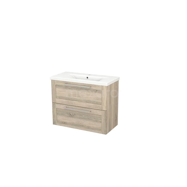 Modulo+ Slim Bathroom furniture with sink | 80 cm Oak Frame front Ceramic 2 Stacked drawers BMS000099 Wooden vanity unit with two drawers, white ceramic basin and modern design; ideal for a stylish bathroom.