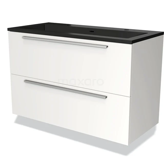 White bathroom unit with black vanity units with basin, two drawers and a modern finish, ideal for stylish bathroom storage.