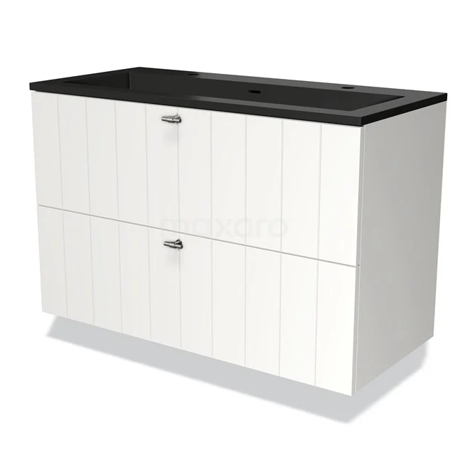 Wit badkamermeubel met zwarte wastafel, moderne afwerking en verticale panelen. Perfect voor stijlvolle badkamerinrichting.