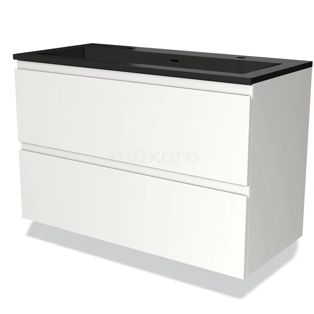Modulo Bathroom furniture with sink | 100 cm Matte white Handle-less front Quartz 2 Stacked drawers BMW17-03881 White bathroom unit with black ceramic worktop, sleek design, two drawers, ideal for modern bathrooms.