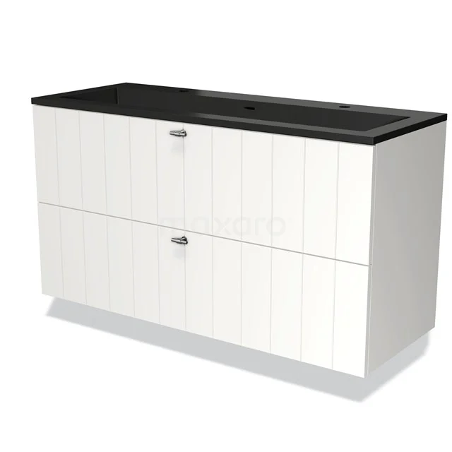 White bathroom unit with two wide drawers, black vanity units with basin and ribbed design, perfect for a modern bathroom design.