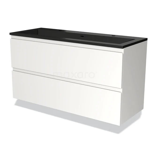 Wit badkamermeubel met 2 brede lades en een zwart wastafelblad, modern design en ideaal voor slimme opbergruimte in de badkamer.
