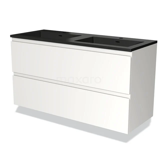 Witte badkamermeubel met dubbele zwarte wastafel, strak design en twee ruime ladeblokken voor optimale opbergruimte.