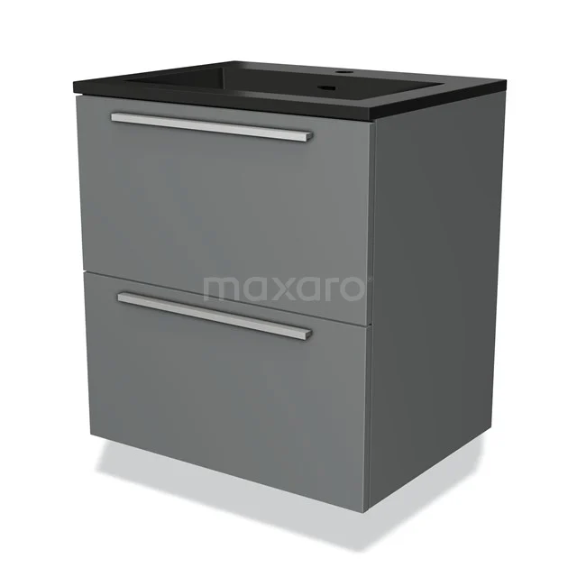 Grijze badkamermeubelset met zwarte wastafel, 2 lades, strakke handgrepen en modern design, ideaal voor stijlvolle badkamers.