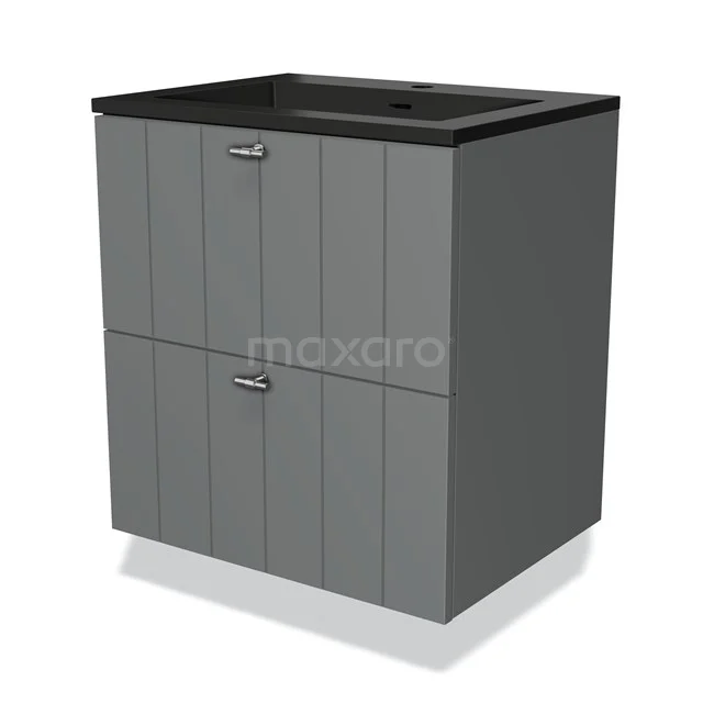 Grey bathroom unit with black vanity units with basin, modern panels, 2 drawers and sturdy construction for stylish bathroom storage.
