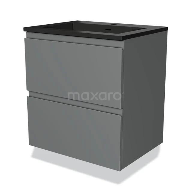 Grijze badkamermeubel met zwarte wastafel, strak design, twee lades, ideaal voor modern badkamerinterieur.