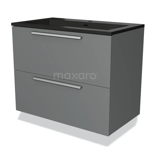 Graue Badmöbelset mit zwei Schubladen, schlankem Design und schwarzer Waschtischplatte, ideal für moderne Bäder.