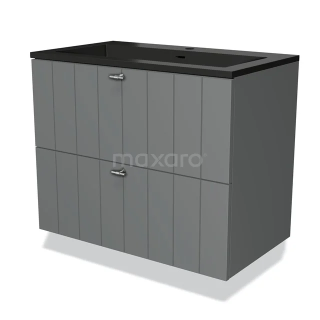 Modulo Vanity units with basin | 80 cm Mid grey Slat front Quartz 2 Stacked drawers BMW17-03892 Grey bathroom cabinet with black basin, modern panels and two drawers, perfect for stylish bathroom storage.