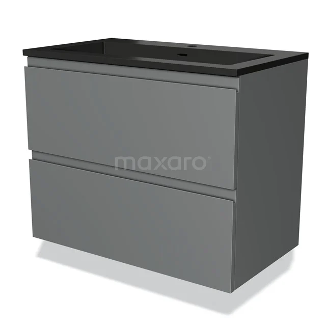 Badmöbel 80cm Modulo Mittelgrau 2 Schubladen Griffloses Waschbecken Quarz BMW17-03893 Graue Badmöbelset mit schwarzer Waschtischplatte, 2 Schubladen und modernem, schlankem Design; ideal für stilvolle Badezimmerlagerung.