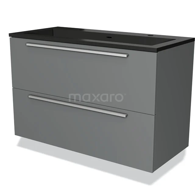 Grijze badkamermeubelset met mat zwarte wastafel, twee lades en strak design, perfect voor moderne badkamerinrichting.