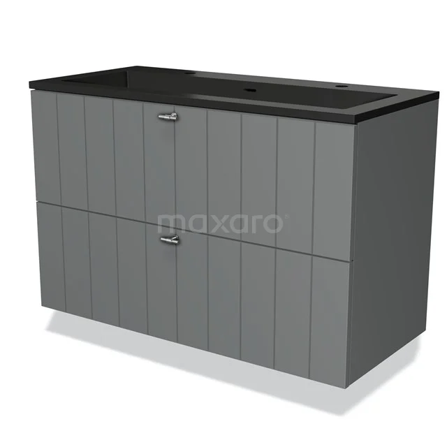 Grijze badkamermeubel met twee lades, verticale panelen en zwart wastafelblad; modern design voor badkameropslag.