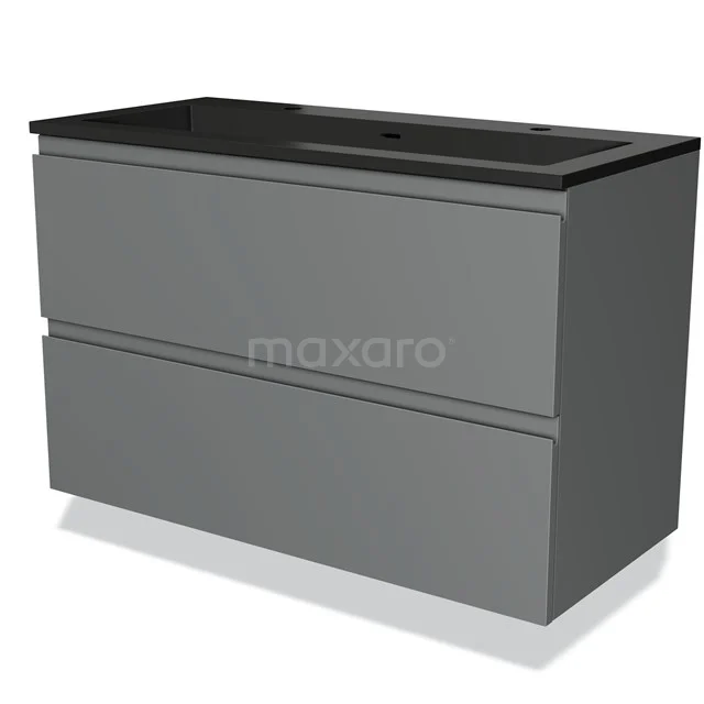 Grijze badkamerkast met twee lades en zwart wastafelblad, strak design van houtmateriaal voor moderne badkamer inrichting.