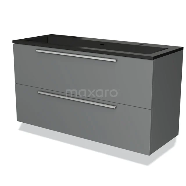 Grijze badkamerkast met twee lades en zwarte wastafelblad, strak ontwerp, ideaal voor moderne badkamers.