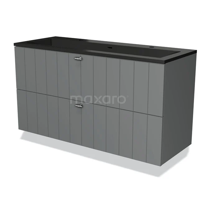 Grijze badkamermeubelset met brede zwarte wastafel, gestreept frontdesign en dubbele lades voor stijlvolle opbergruimte.