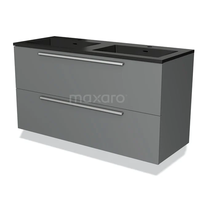 Grijze badkamermeubel met zwart dubbel wastafelblad, strak design en metalen handgrepen, ideaal voor moderne badkamers.