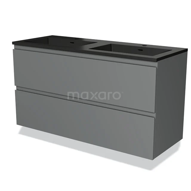 Grijs badkamermeubel met dubbele wastafel, modern design, mat afwerking, ideaal voor stijlvolle en functionele badkamers.