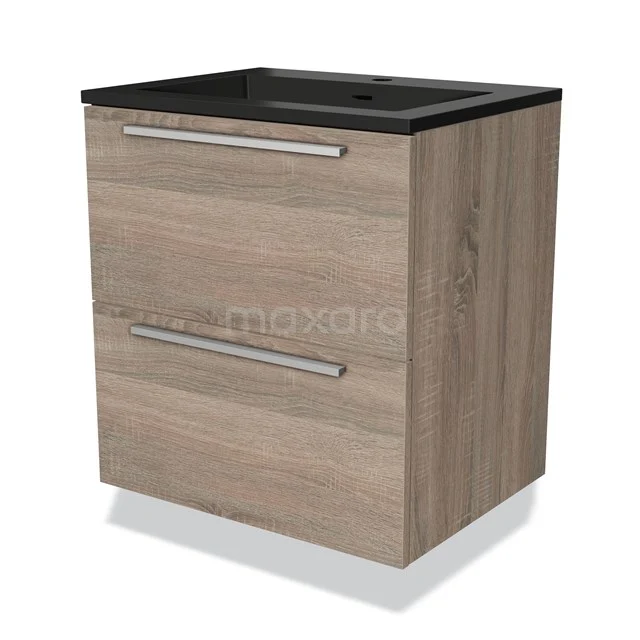 Houten badkamermeubel met zwart wastafelblad, twee lades en strakke metalen handgrepen, ideaal voor moderne badkamers.
