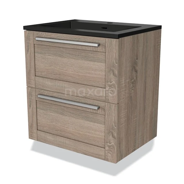 Houten badkamermeubel met twee lades, zwarte wastafel, modern design, ideaal voor compacte badkamers.